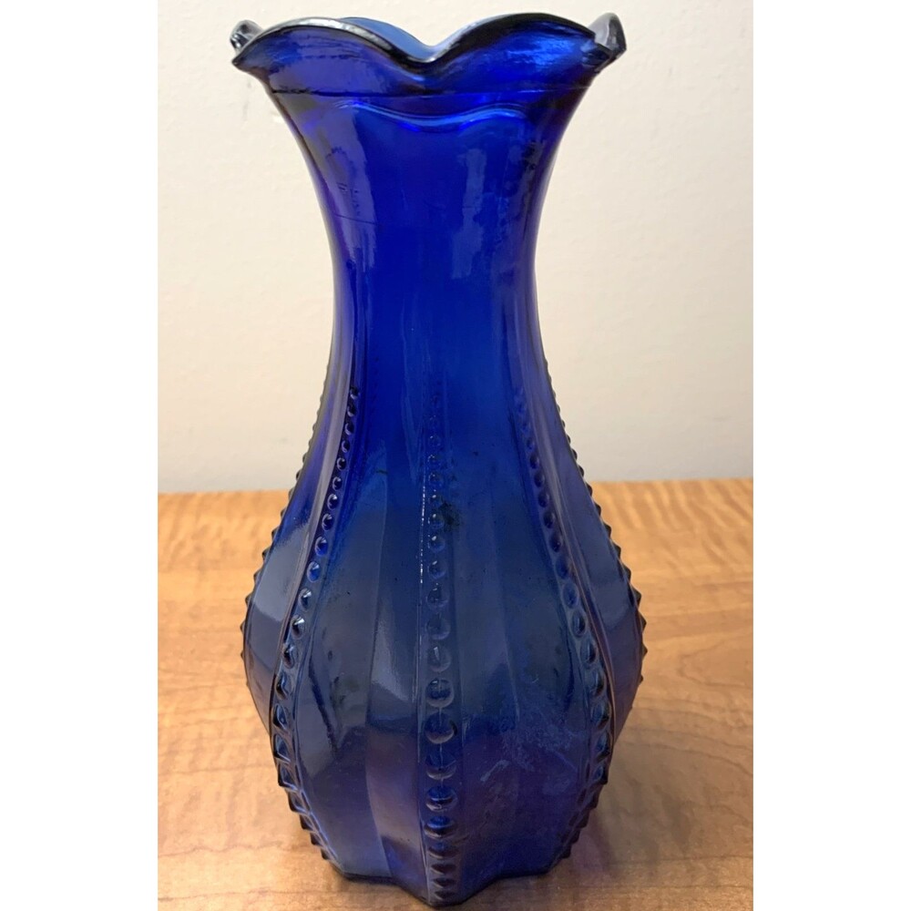 VTG Indiana Glass Cobalt Blue Beaded Rib Vase Ruffle Rim Edge USA 1930s-1950s